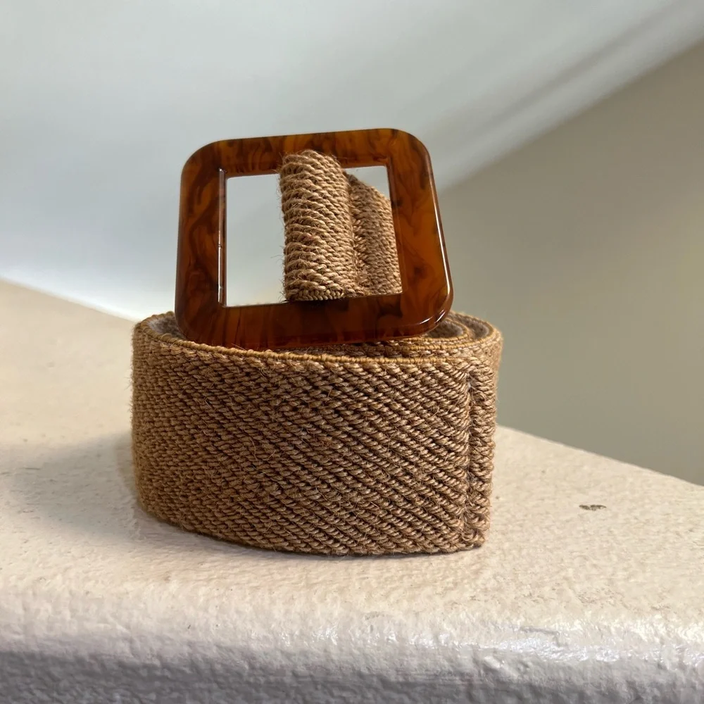 Women square RESIN BUCKLE STRAW stretch wide waist brown belt medium‎ boho l